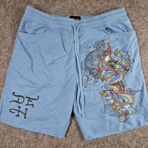Ed Hardy Sweat Shorts Baby Blue Dragon Tattoo Spellout Double Sided L Large Y2K